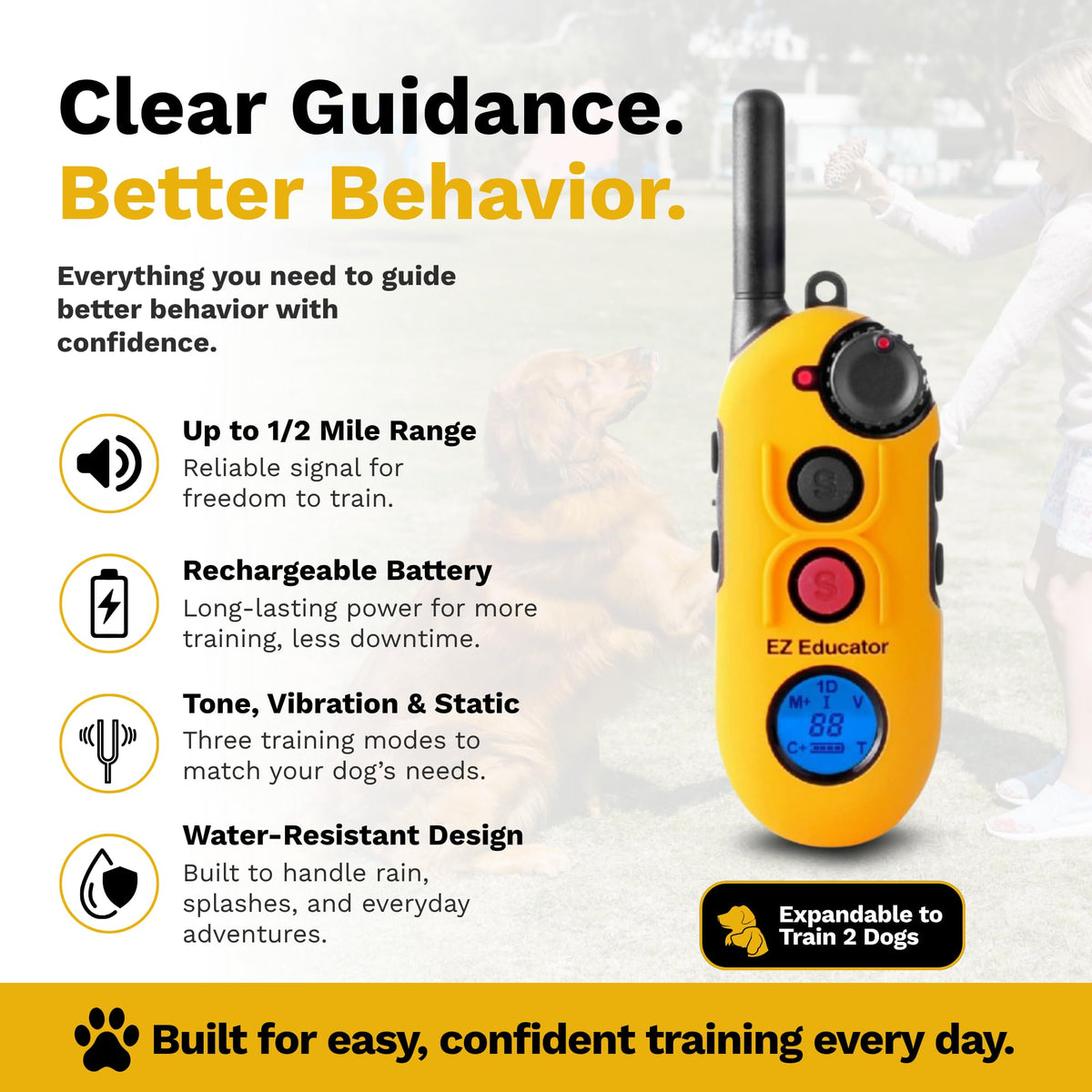Educator EZ-902 E Collar for Dog Training with Remote - 1/2 Mile Range, Waterproof, 256 Blunt Stimulation Levels, Tone or Vibration Mode, Night Light for Small, Medium & Large Dogs (2 Dogs)
