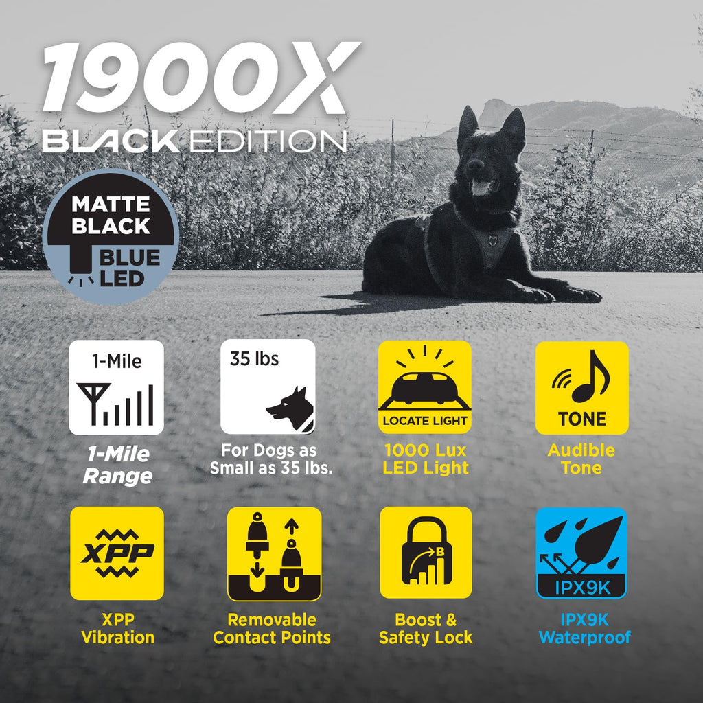 Dogtra 1900X Black Edition E-Collar - 1 Mile Range, Dogs 45 lbs+, IPX9K Waterproof, 100 Stimulation Levels, Vibration, Tone, Rechargeable - Ideal for Dog Owners and Professional Trainers