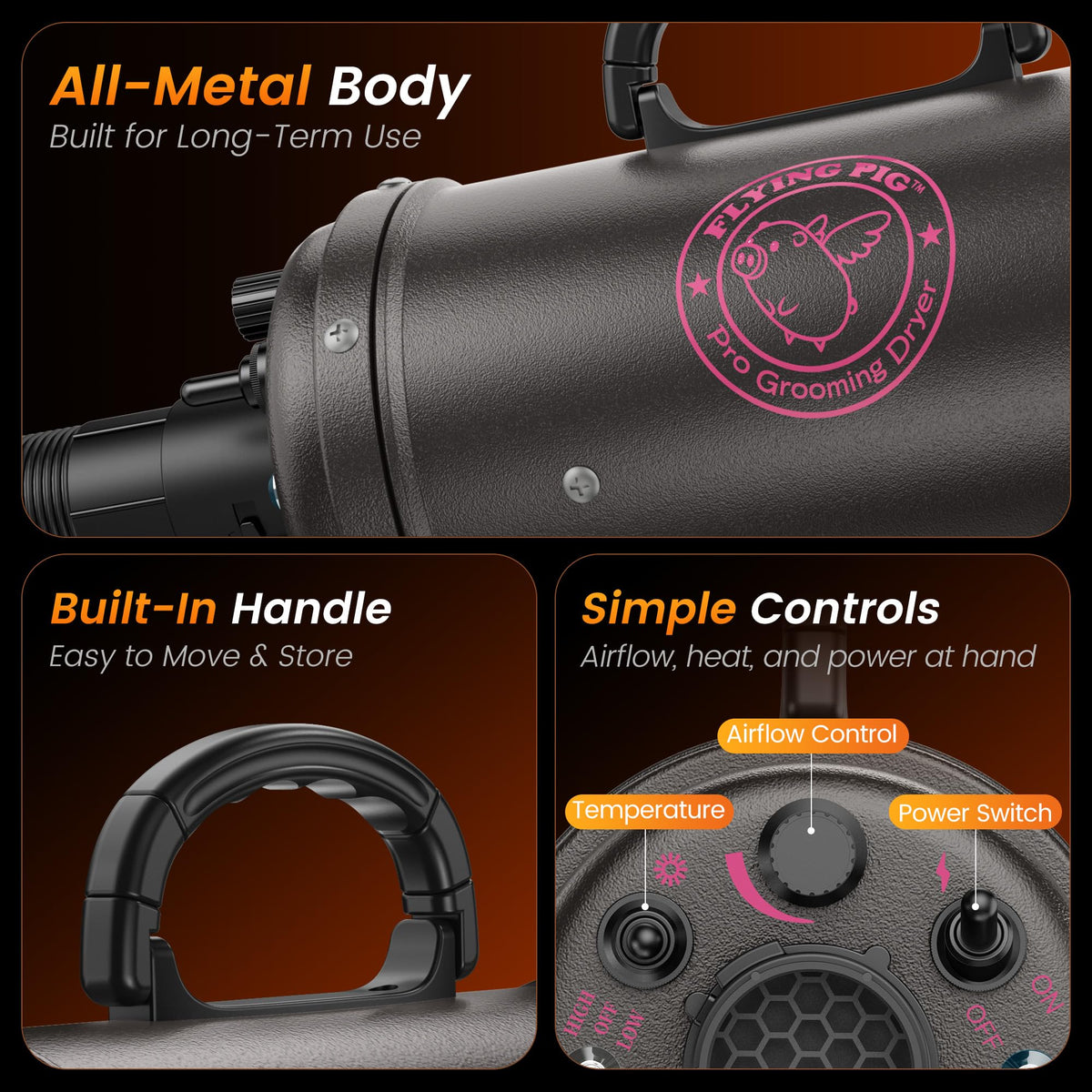 Flying Pig Turbo Dog Grooming Dryer with ForceFlow Drying Power, Variable Speed and Heat Control (Dark Grey w/Pink Logo)
