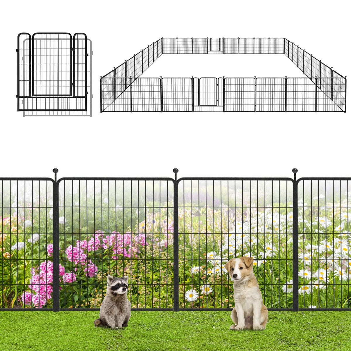 Garden Fence with Gate Metal Fencing Outdoor for Yard, 32in x147ft 64 Panels Outdoor Dog Fence Temporary Fence for Dogs Outside, Rustproof Garden Fencing Flower Bed Edging for Patio