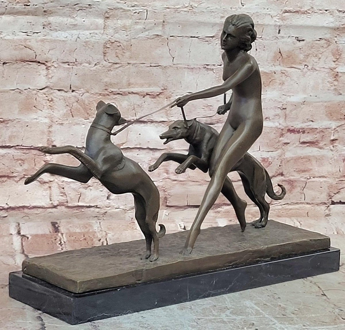 Woman with Two Greyhound Dogs on Marble Base Bronze Sculpture Brown Figurative Classical Tabletop Display, 20x5x13 Inches, Art Enthusiast and Collectors