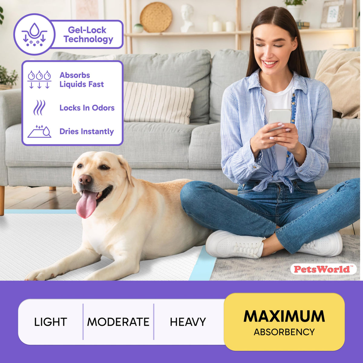 PetsWorld 2XL Dog Pee Pads 28"x44" 600 Count – Extra Large Pet Pee Pads for Dogs & Puppies, Heavy Duty Leak-Proof Dog Training Pads, Super Absorbent Quick-Dry Potty Pads with Odor Control
