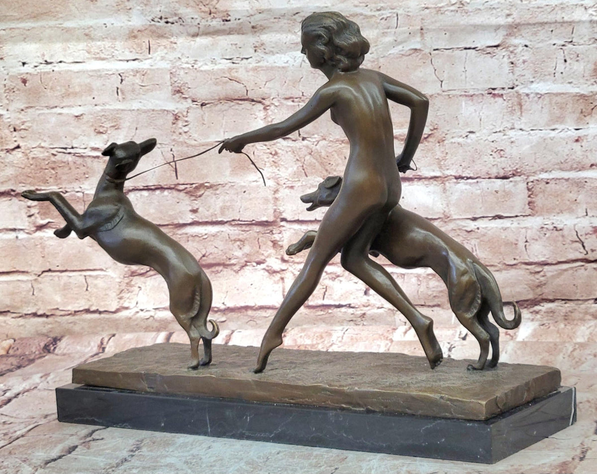 Woman with Two Greyhound Dogs on Marble Base Bronze Sculpture Brown Figurative Classical Tabletop Display, 20x5x13 Inches, Art Enthusiast and Collectors