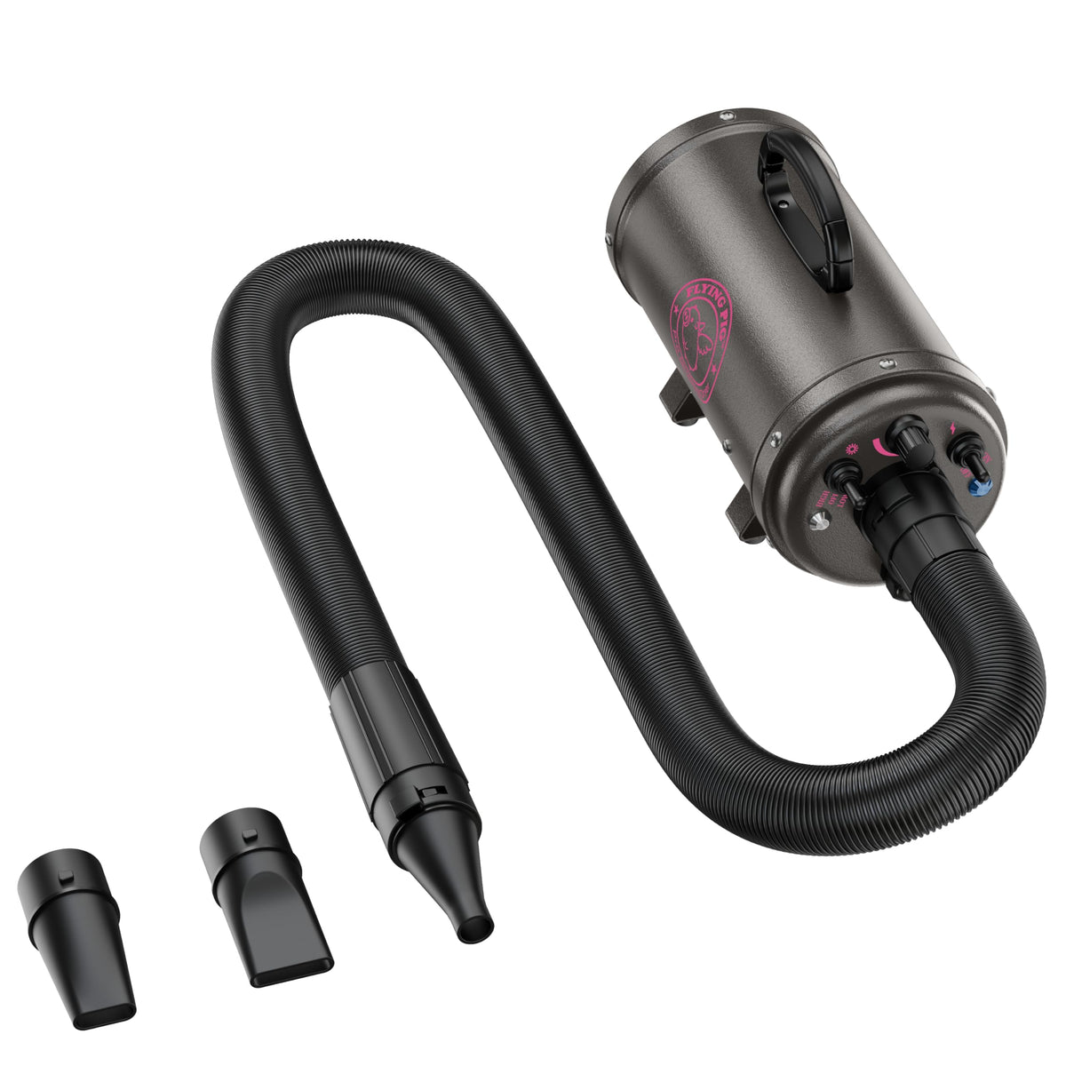 Flying Pig Turbo Dog Grooming Dryer with ForceFlow Drying Power, Variable Speed and Heat Control (Dark Grey w/Pink Logo)
