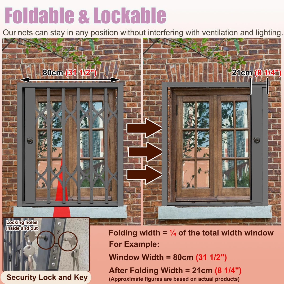 Extendable Locking Burglar Bars for Sliding Doors & Windows, Security Fence Guard for Basements, Accordion Grate Net for Cats & Dogs (70x140cm/28x55in)