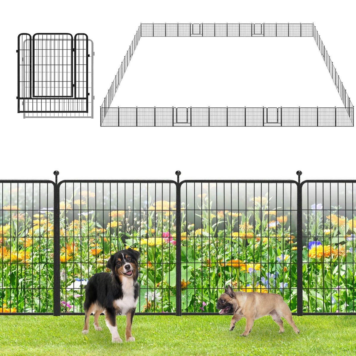 Garden Fence with Gate Metal Fencing Outdoor for Yard, 32in x147ft 64 Panels Outdoor Dog Fence Temporary Fence for Dogs Outside, Rustproof Garden Fencing Flower Bed Edging for Patio