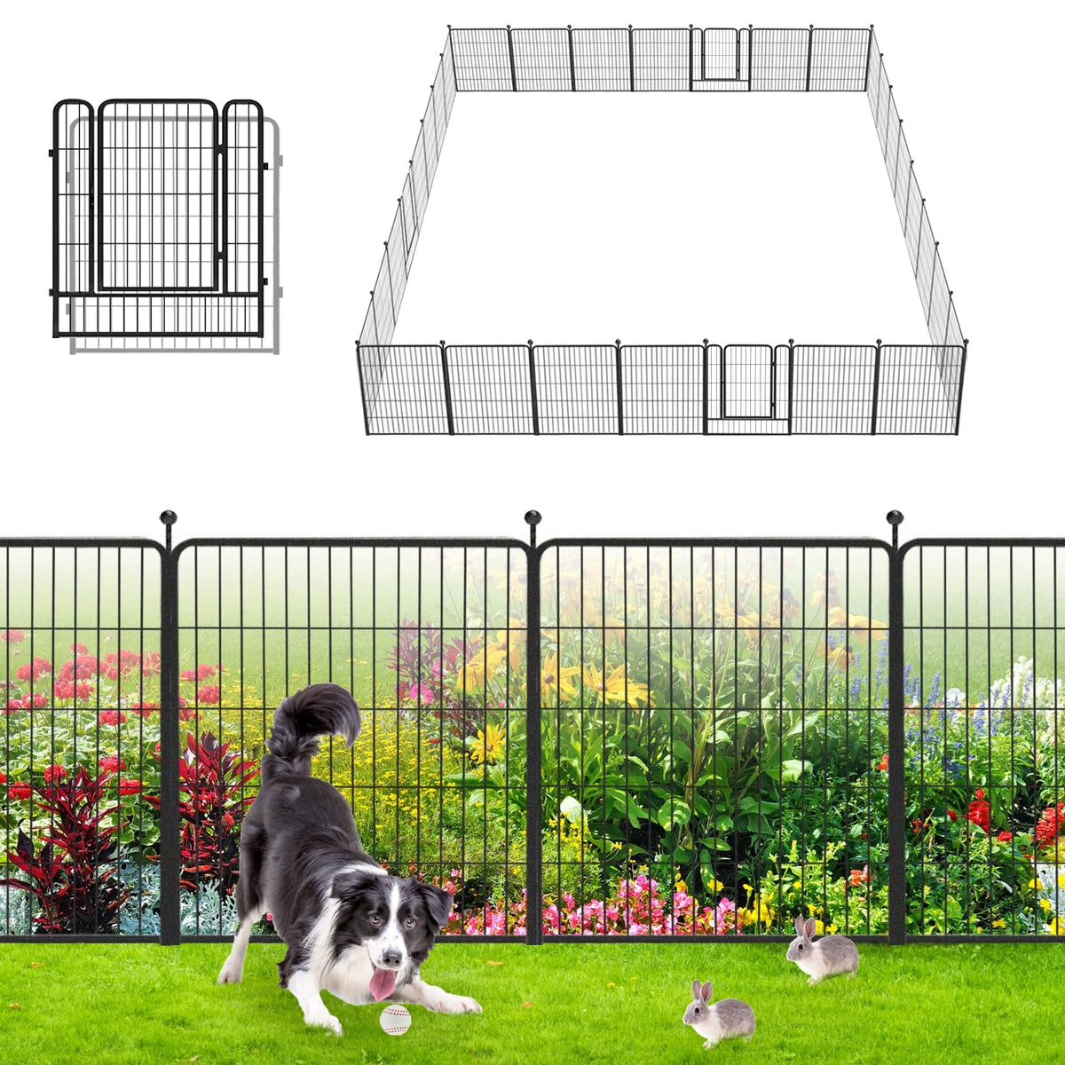 Garden Fence with Gate Metal Fencing Outdoor for Yard, 32in x147ft 64 Panels Outdoor Dog Fence Temporary Fence for Dogs Outside, Rustproof Garden Fencing Flower Bed Edging for Patio