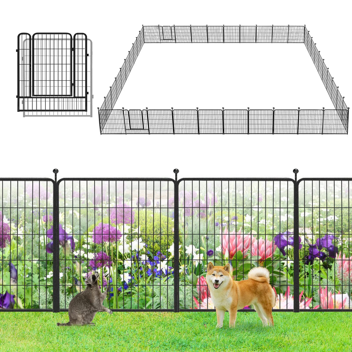 Garden Fence with Gate Metal Fencing Outdoor for Yard, 32in x147ft 64 Panels Outdoor Dog Fence Temporary Fence for Dogs Outside, Rustproof Garden Fencing Flower Bed Edging for Patio