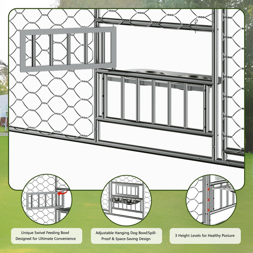 Large Outdoor Dog Kennel with Waterproof Canopy & Built-in Elevated Feeder, Heavy Duty Galvanized Steel Frame,Escape-Proof Chain Link Pet Playpen for Large Dogs, Adjustable Height Bowls (20x10 FT)