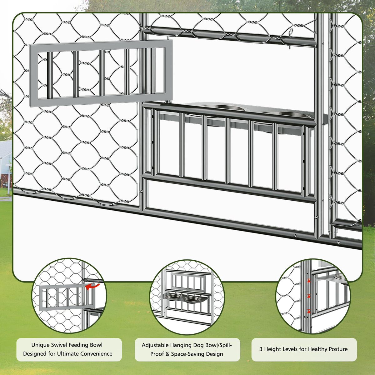 Large Outdoor Dog Kennel with Waterproof Canopy & Built-in Elevated Feeder, Heavy Duty Galvanized Steel Frame,Escape-Proof Chain Link Pet Playpen for Large Dogs, Adjustable Height Bowls (20x10 FT)