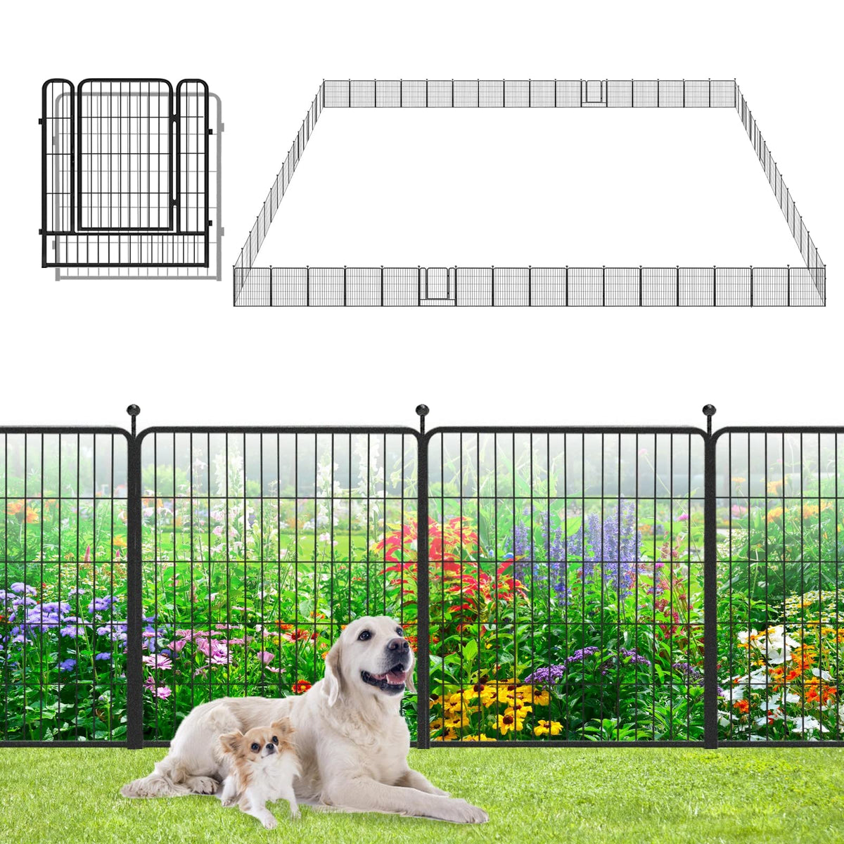 Garden Fence with Gate Metal Fencing Outdoor for Yard, 32in x147ft 64 Panels Outdoor Dog Fence Temporary Fence for Dogs Outside, Rustproof Garden Fencing Flower Bed Edging for Patio