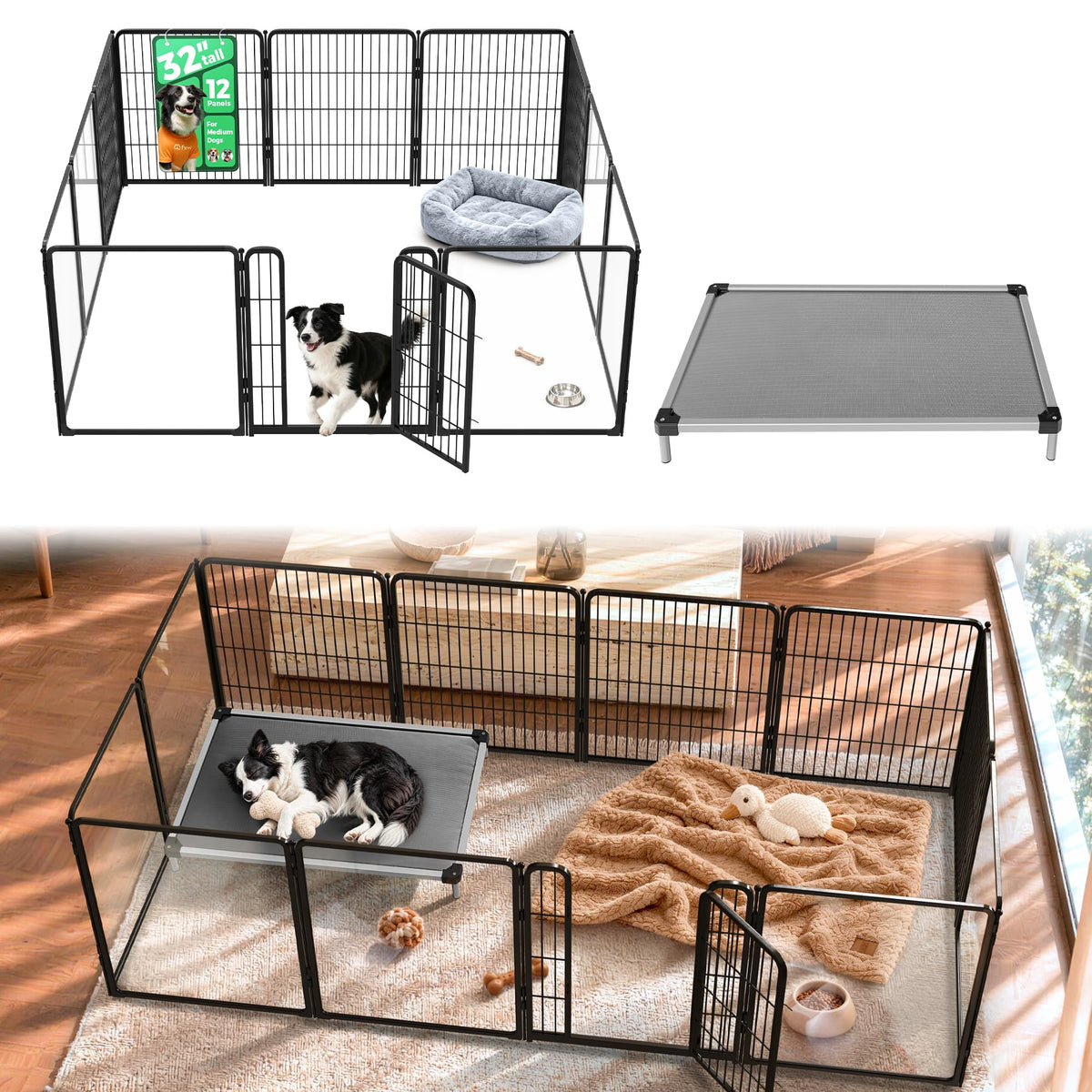 FXW AuraSpace Pro Acrylic & Wire Dog Playpen with Divider, 32"H, 12 Panels