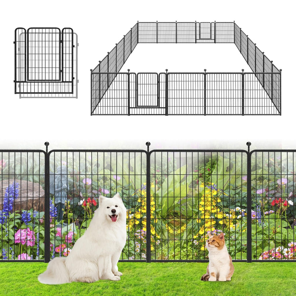 Garden Fence with Gate Metal Fencing Outdoor for Yard, 32in x147ft 64 Panels Outdoor Dog Fence Temporary Fence for Dogs Outside, Rustproof Garden Fencing Flower Bed Edging for Patio