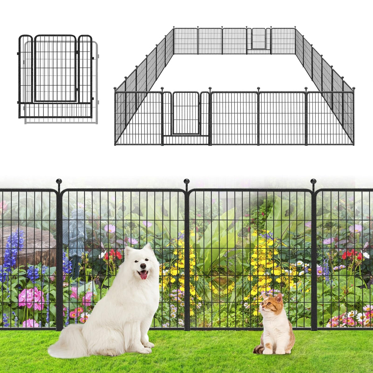 Garden Fence with Gate Metal Fencing Outdoor for Yard, 32in x147ft 64 Panels Outdoor Dog Fence Temporary Fence for Dogs Outside, Rustproof Garden Fencing Flower Bed Edging for Patio