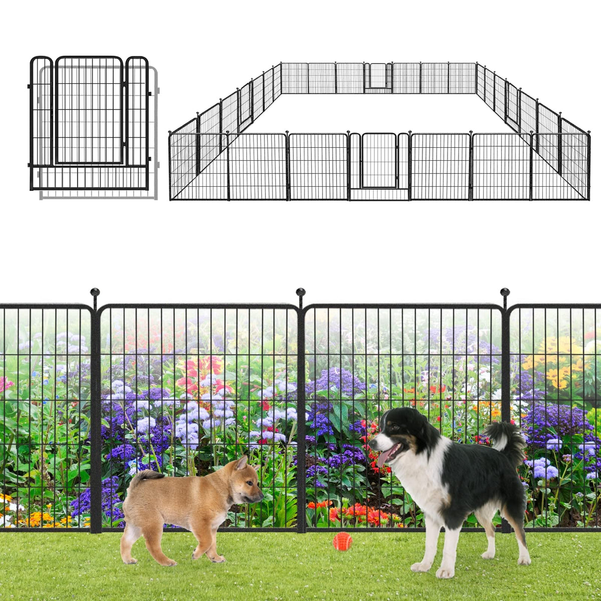 Garden Fence with Gate Metal Fencing Outdoor for Yard, 32in x147ft 64 Panels Outdoor Dog Fence Temporary Fence for Dogs Outside, Rustproof Garden Fencing Flower Bed Edging for Patio