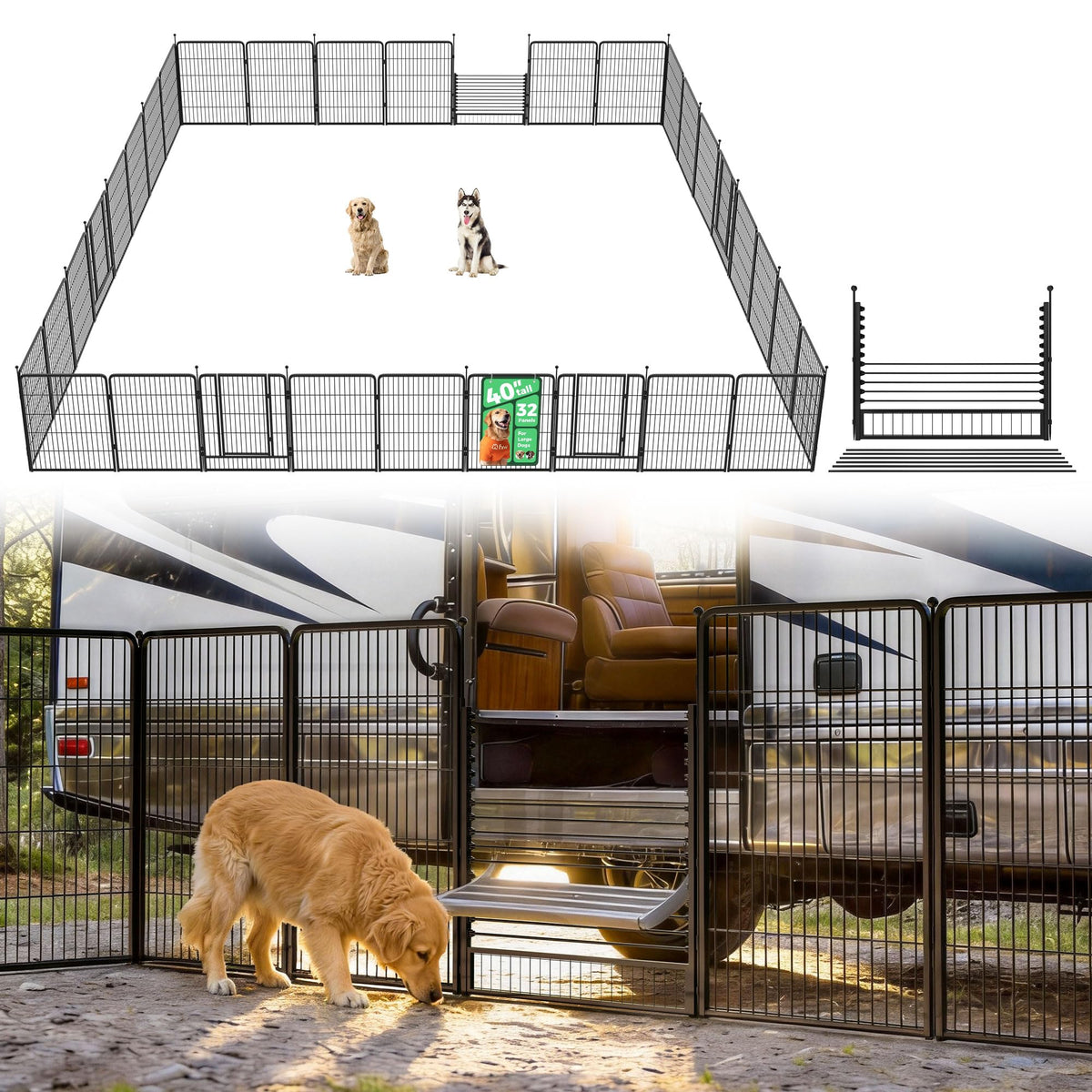 FXW Instant Dog Playpen with RV Step Grid for RV Camping, 40"H, 32 Panels