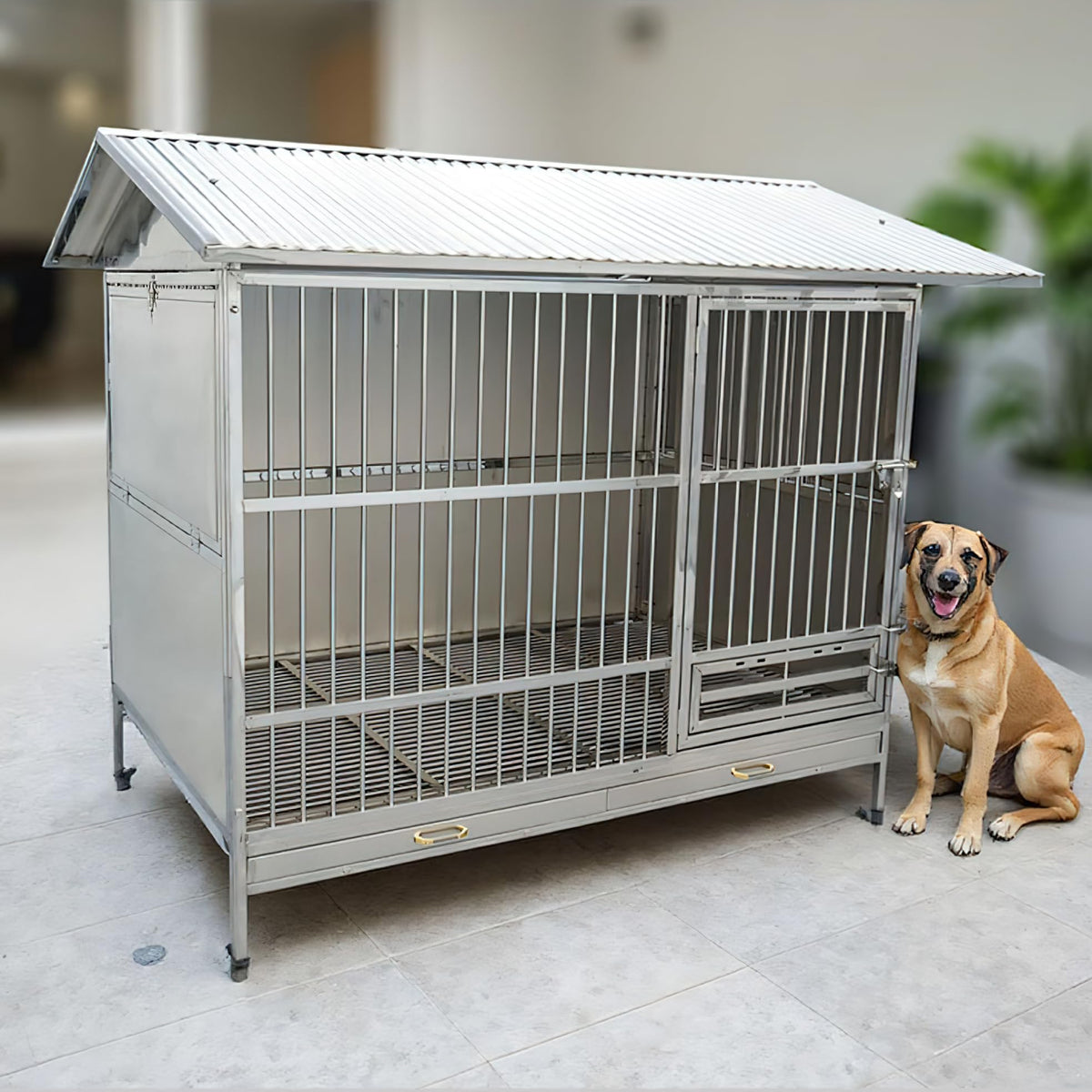 Large Outdoor Dog Cage with Roof, Stainless Steel Heavy Duty Dog Kennel with Toilet Tray, Windproof Rainproof Dog House for Medium to Large Dogs (42inch)