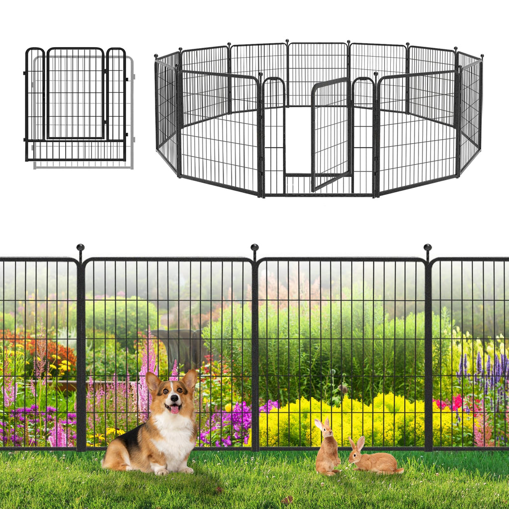 Garden Fence with Gate Metal Fencing Outdoor for Yard, 32in x147ft 64 Panels Outdoor Dog Fence Temporary Fence for Dogs Outside, Rustproof Garden Fencing Flower Bed Edging for Patio
