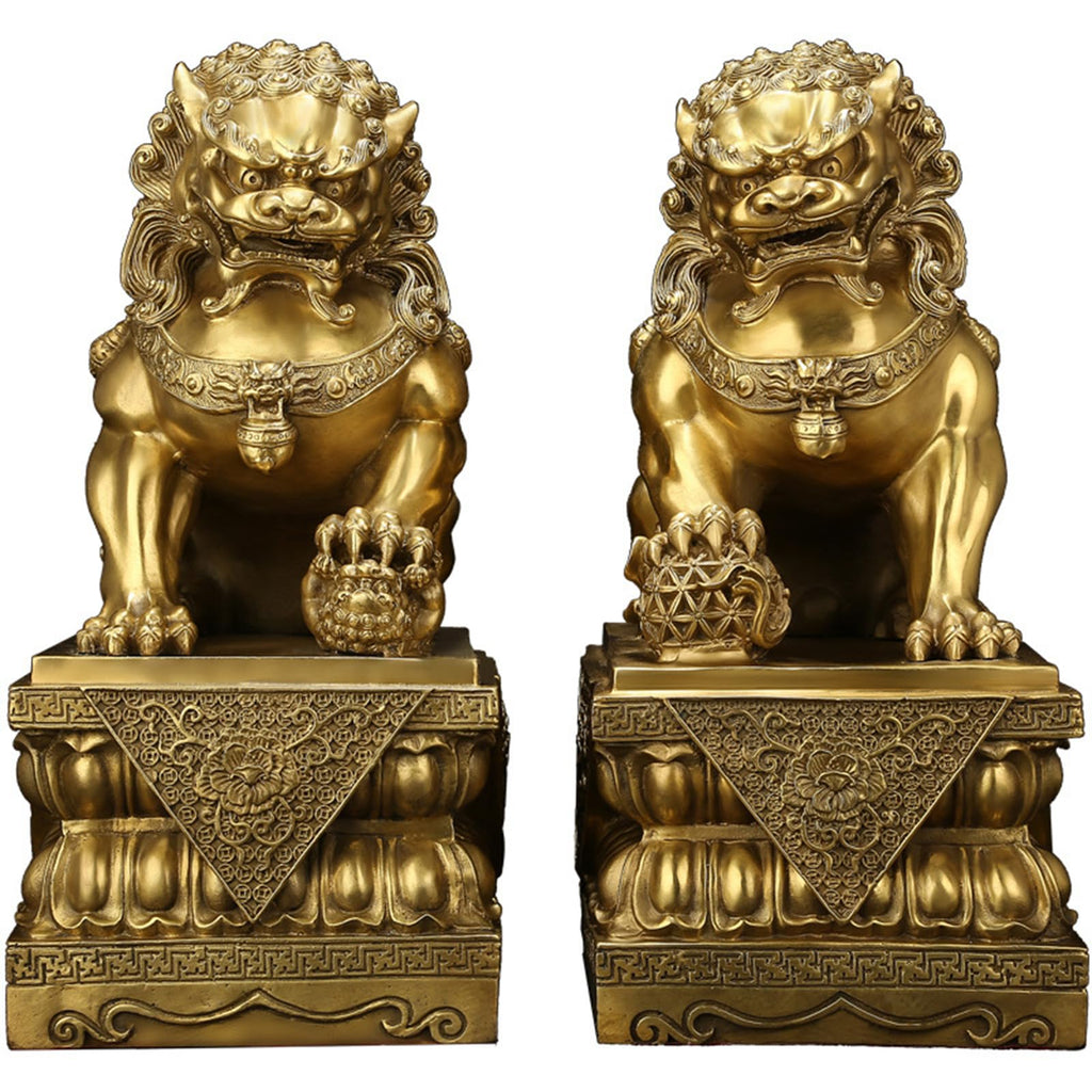 Brass Foo Dogs Statues Pair, Chinese Guardian Lions Figurines, Feng Shui Decor for Home Office, Protection Prosperity Wealth Symbol, Brass Tabletop Sculpture,9.8" H x 11" L x 5.9" W 19.4lb