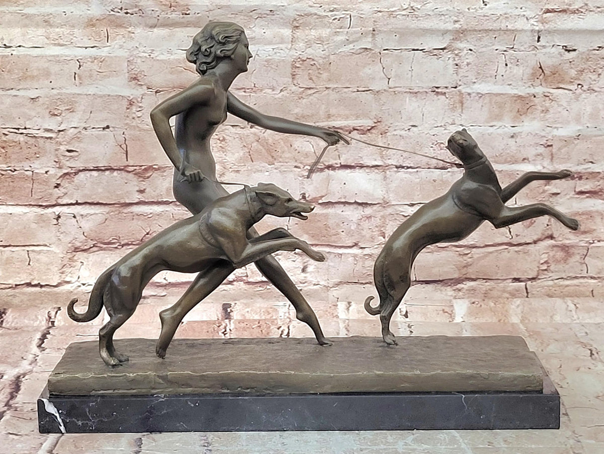 Woman with Two Greyhound Dogs on Marble Base Bronze Sculpture Brown Figurative Classical Tabletop Display, 20x5x13 Inches, Art Enthusiast and Collectors