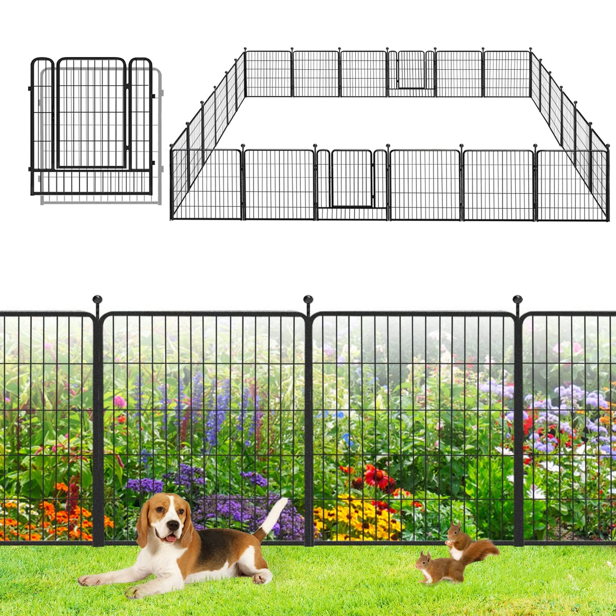 Garden Fence with Gate Metal Fencing Outdoor for Yard, 32in x147ft 64 Panels Outdoor Dog Fence Temporary Fence for Dogs Outside, Rustproof Garden Fencing Flower Bed Edging for Patio