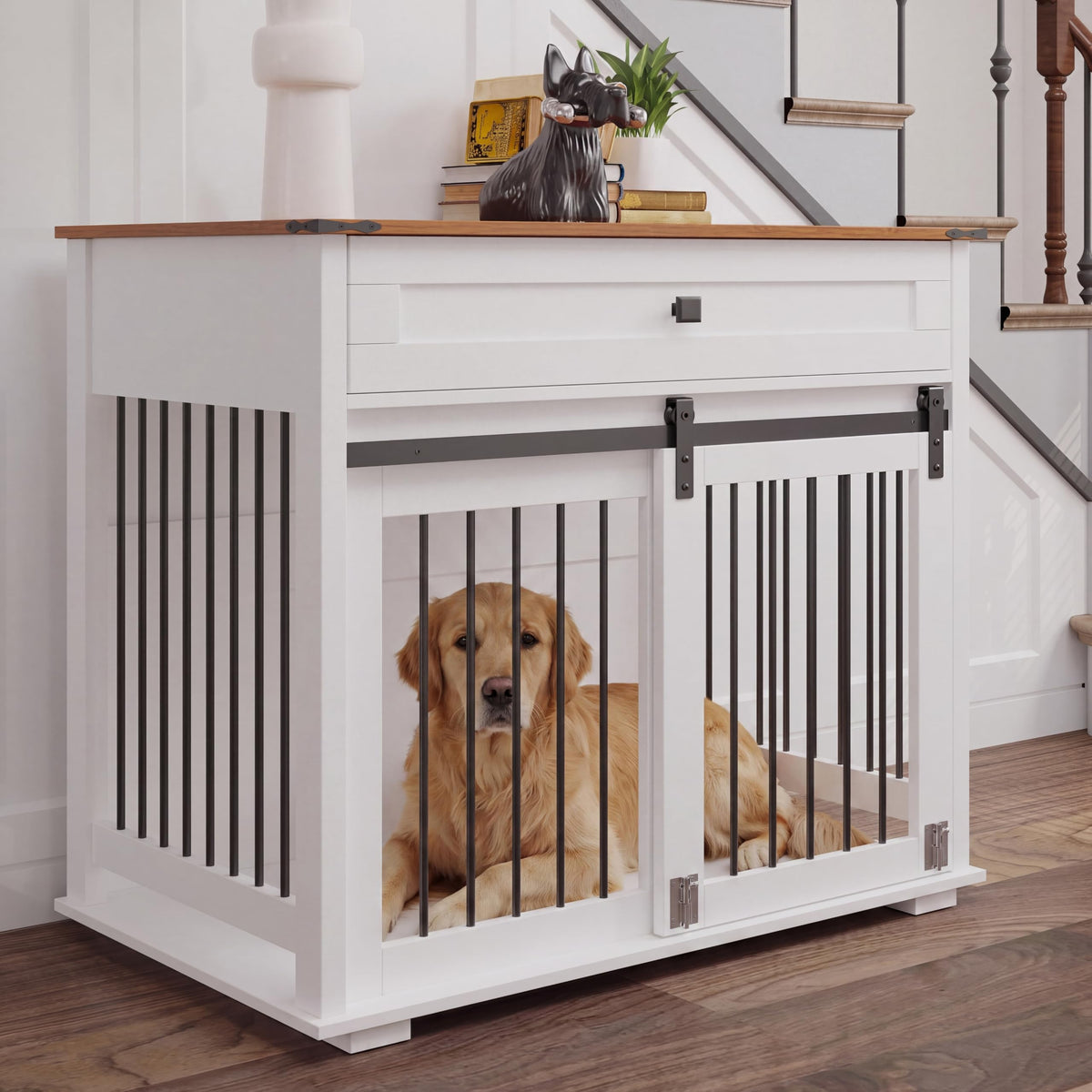 71'' Double Dog Crate Furniture, XXL Dog Kennel TV Stand,Walnut