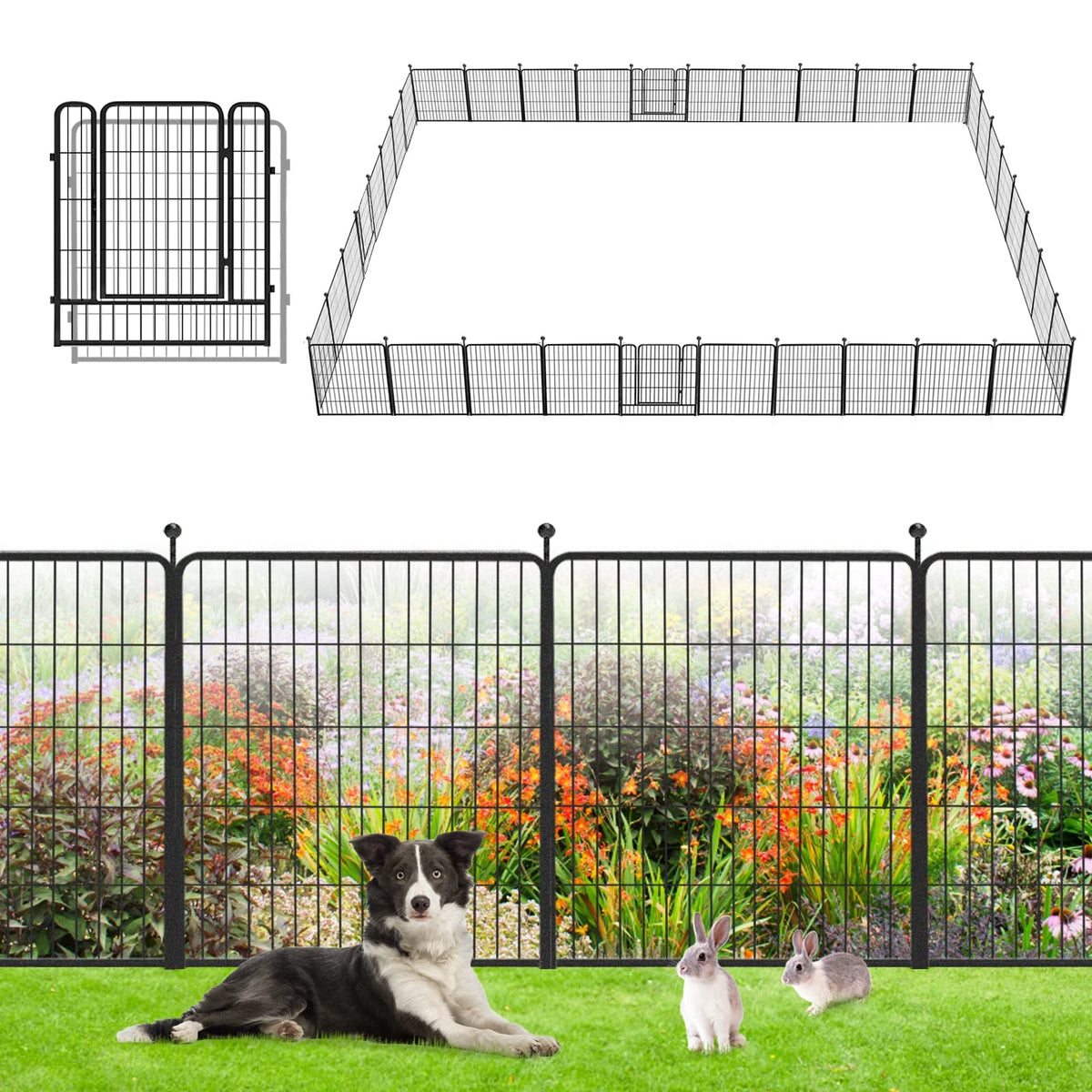 Garden Fence with Gate Metal Fencing Outdoor for Yard, 32in x147ft 64 Panels Outdoor Dog Fence Temporary Fence for Dogs Outside, Rustproof Garden Fencing Flower Bed Edging for Patio