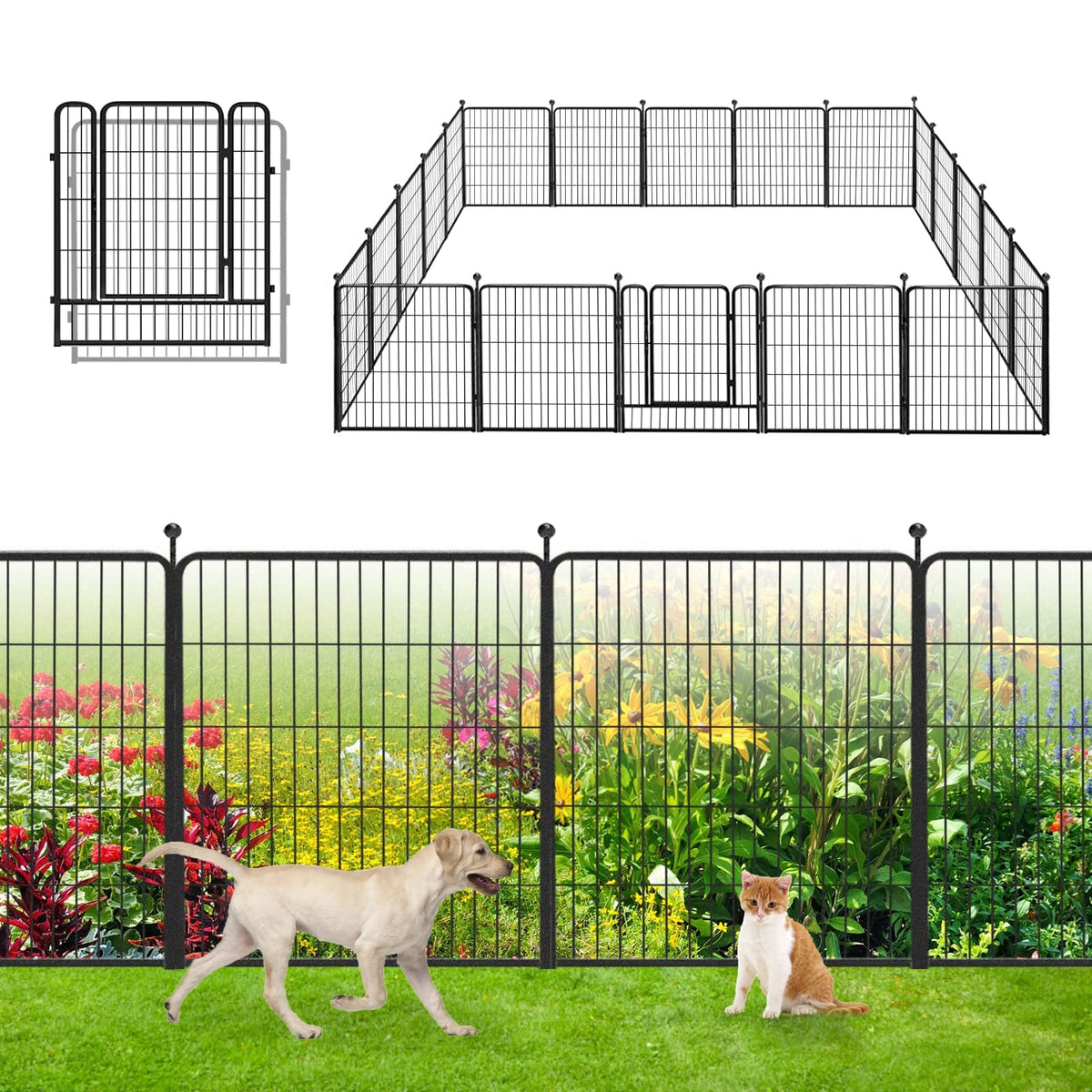 Garden Fence with Gate Metal Fencing Outdoor for Yard, 32in x147ft 64 Panels Outdoor Dog Fence Temporary Fence for Dogs Outside, Rustproof Garden Fencing Flower Bed Edging for Patio
