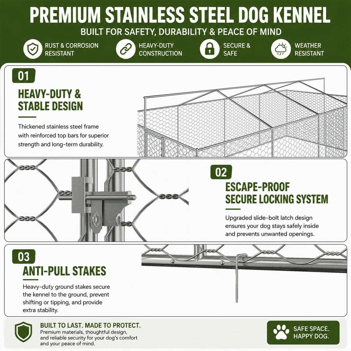 Large Outdoor Dog Kennel with Waterproof Canopy & Built-in Elevated Feeder, Heavy Duty Galvanized Steel Frame,Escape-Proof Chain Link Pet Playpen for Large Dogs, Adjustable Height Bowls (20x10 FT)