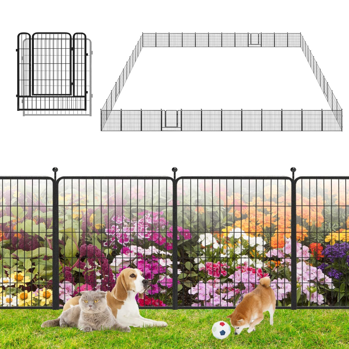Garden Fence with Gate Metal Fencing Outdoor for Yard, 32in x147ft 64 Panels Outdoor Dog Fence Temporary Fence for Dogs Outside, Rustproof Garden Fencing Flower Bed Edging for Patio