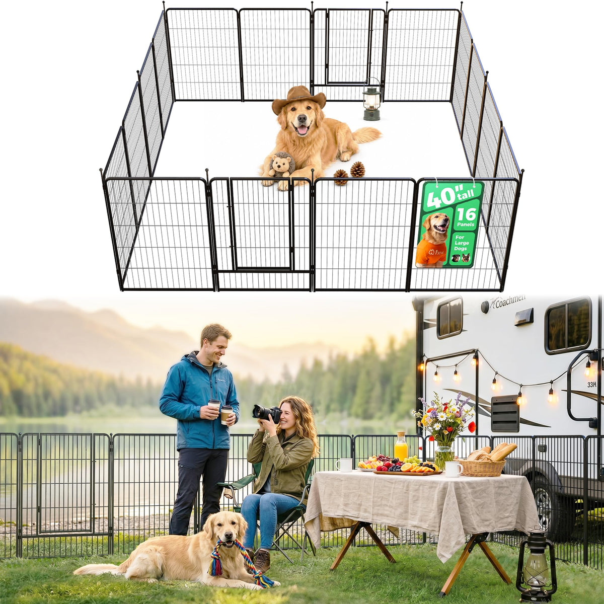 FXW Instant Dog Playpen with RV Step Grid for RV Camping, 40"H, 32 Panels
