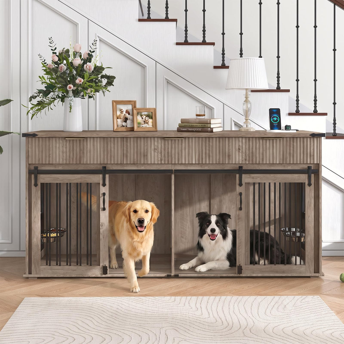 71'' Double Dog Crate Furniture, XXL Dog Kennel TV Stand,Walnut