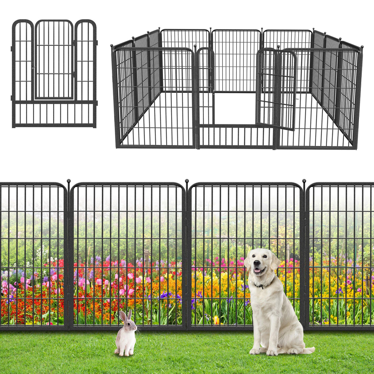 Garden Fence with Gate Metal Fencing Outdoor for Yard, 32in x147ft 64 Panels Outdoor Dog Fence Temporary Fence for Dogs Outside, Rustproof Garden Fencing Flower Bed Edging for Patio