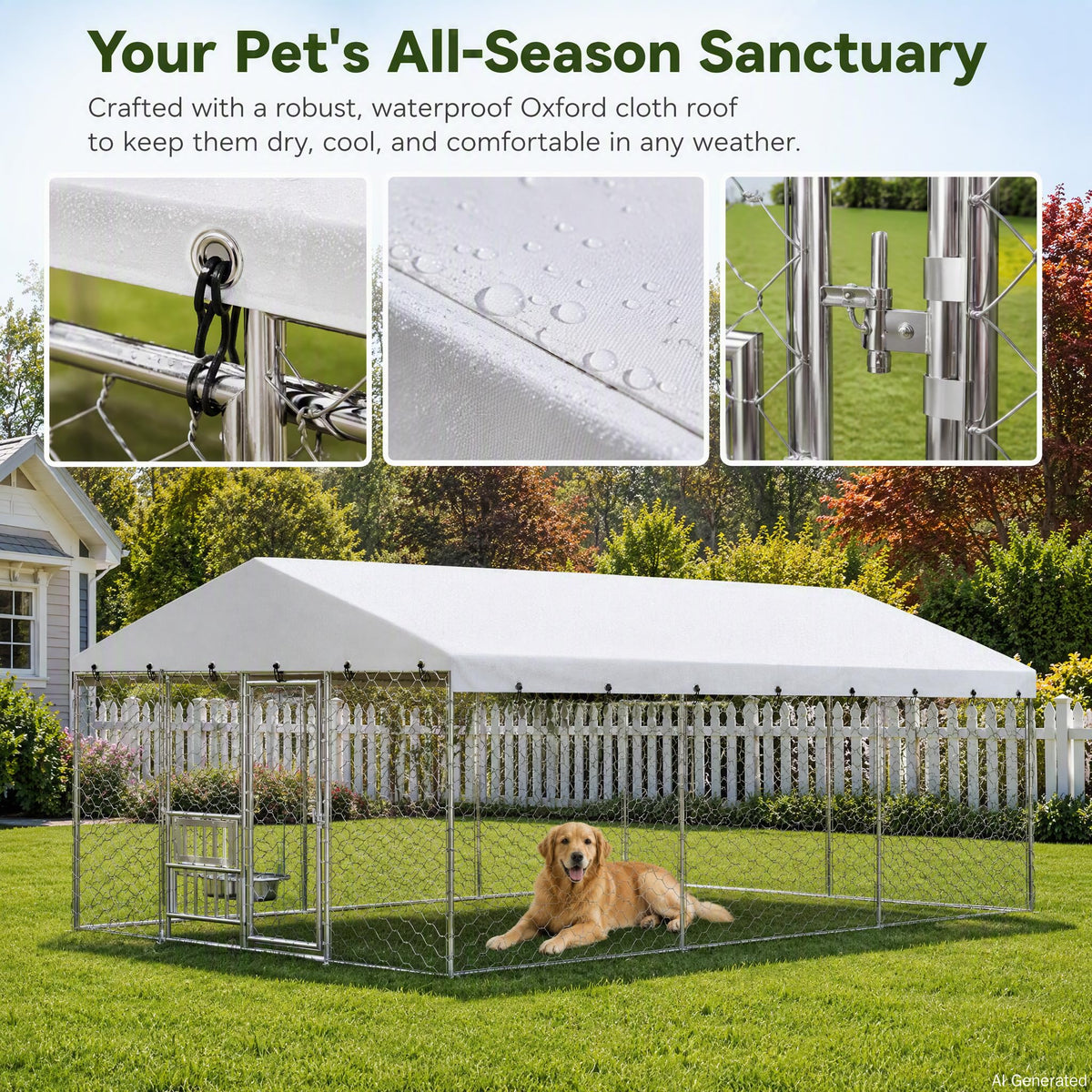 Outdoor Dog Kennel with Roof, 10x15FT Chain Link Dog Run (20x10x7FT with Feeding System)