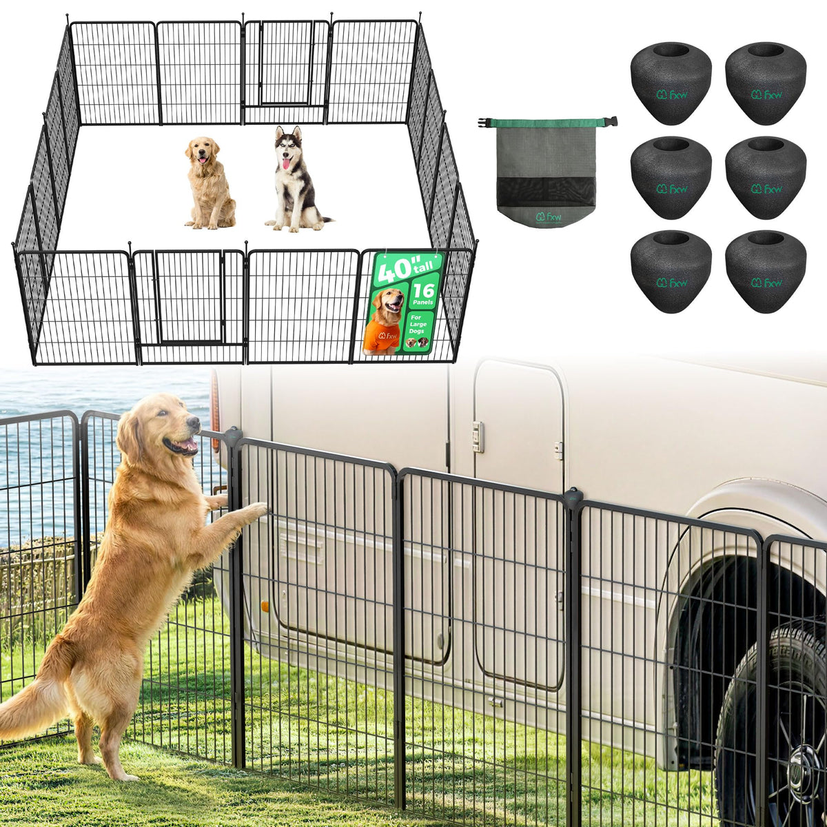 FXW Instant Dog Playpen with RV Step Grid for RV Camping, 40"H, 32 Panels
