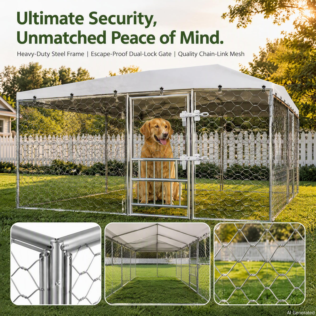Outdoor Dog Kennel with Roof, 10x15FT Chain Link Dog Run (20x10x7FT with Feeding System)