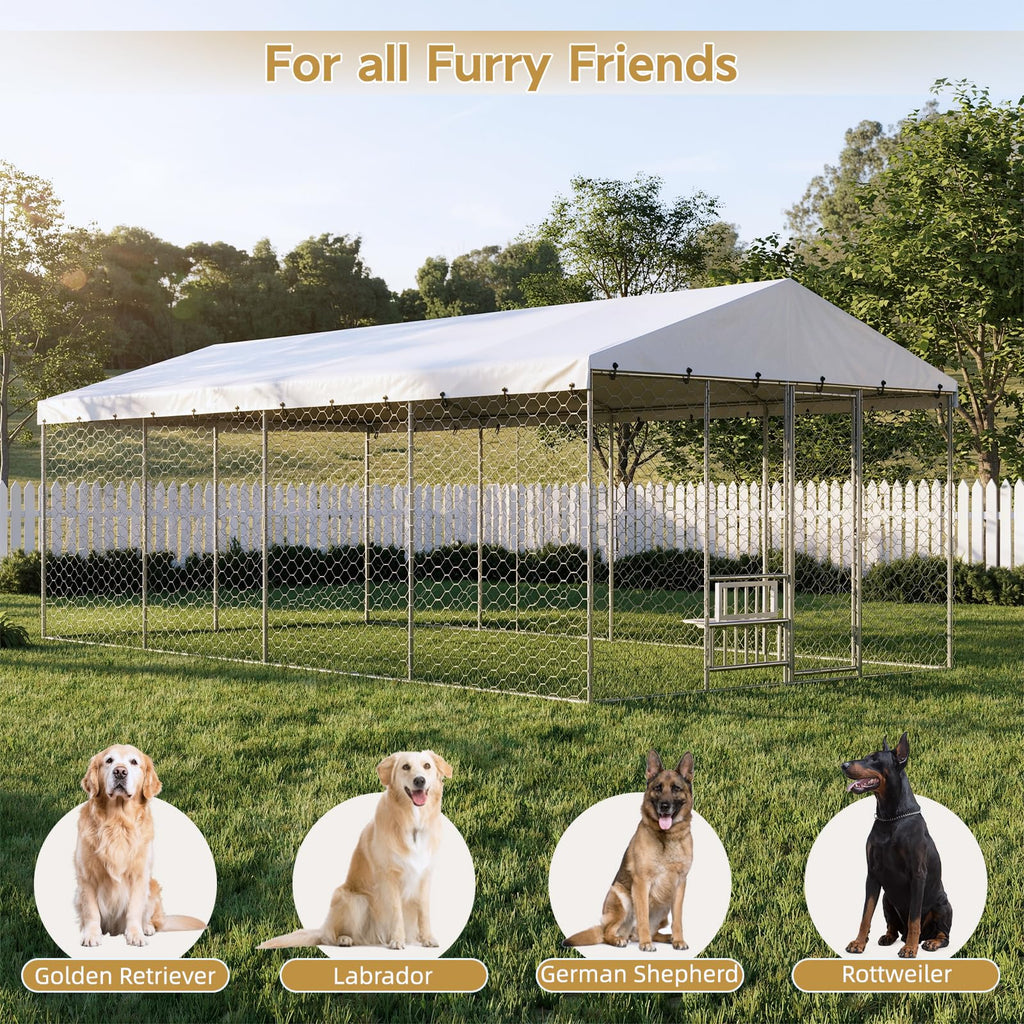 Large Outdoor Dog Kennel with Waterproof Canopy & Built-in Elevated Feeder, Heavy Duty Galvanized Steel Frame,Escape-Proof Chain Link Pet Playpen for Large Dogs, Adjustable Height Bowls (20x10 FT)