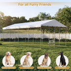 Large Outdoor Dog Kennel with Waterproof Canopy & Built-in Elevated Feeder, Heavy Duty Galvanized Steel Frame,Escape-Proof Chain Link Pet Playpen for Large Dogs, Adjustable Height Bowls (20x10 FT)