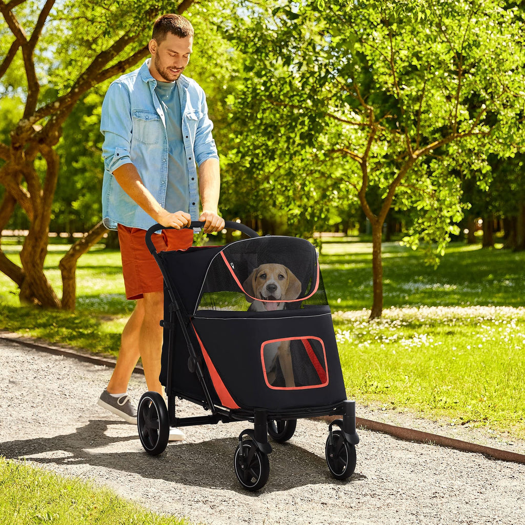 1-Click Foldable Doggy Stroller for Medium Large Dogs, Pet Stroller with Storage, Smooth Ride with Shock Absorption, Mesh Window, Safety Leash, Big Dog Walking Stroller, Black