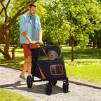 1-Click Foldable Doggy Stroller for Medium Large Dogs, Pet Stroller with Storage, Smooth Ride with Shock Absorption, Mesh Window, Safety Leash, Big Dog Walking Stroller, Black