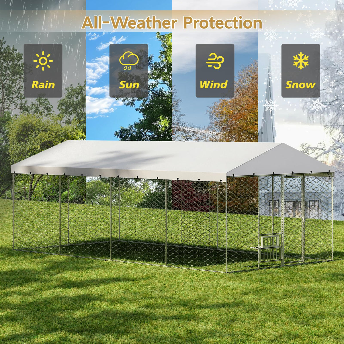 Large Outdoor Dog Kennel with Waterproof Canopy & Built-in Elevated Feeder, Heavy Duty Galvanized Steel Frame,Escape-Proof Chain Link Pet Playpen for Large Dogs, Adjustable Height Bowls (20x10 FT)